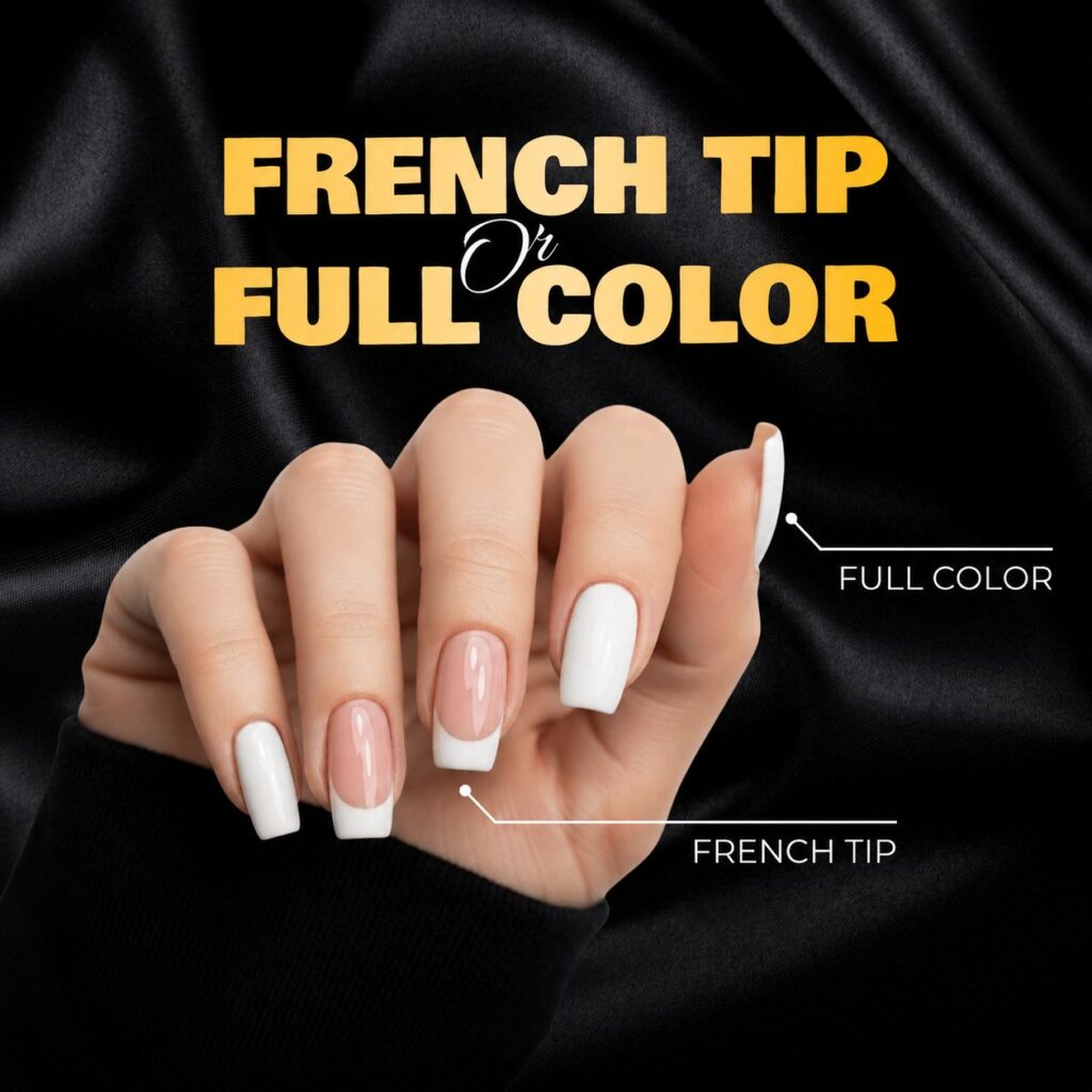 French tip manicure and full color manicure styles displayed side by side for comparison.