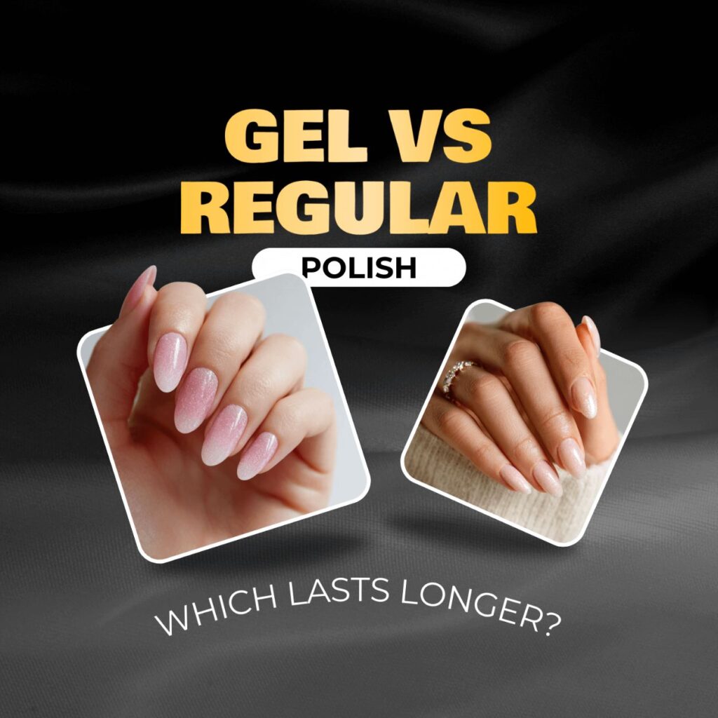 Client choosing between gel polish and regular nail polish during a professional manicure service.