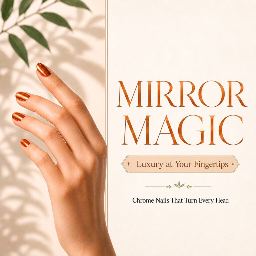 Hand with short copper chrome nails beside the words &ldquo;Mirror Magic.&rdquo;