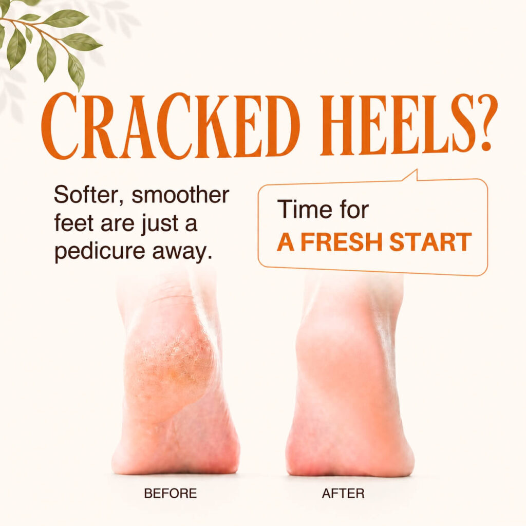 Side-by-side view of visibly cracked heels and smoother heels labeled before and after