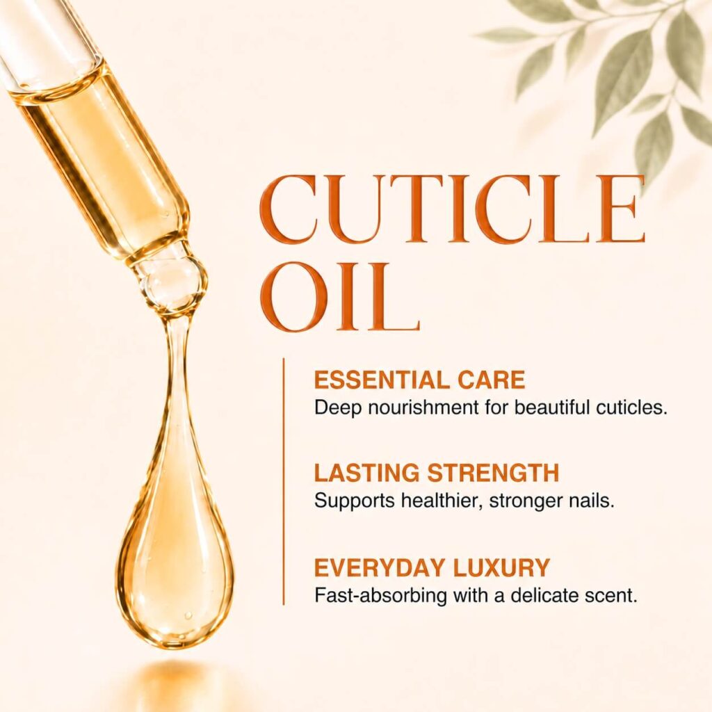 Golden cuticle oil dripping from a glass dropper beside nail-care text