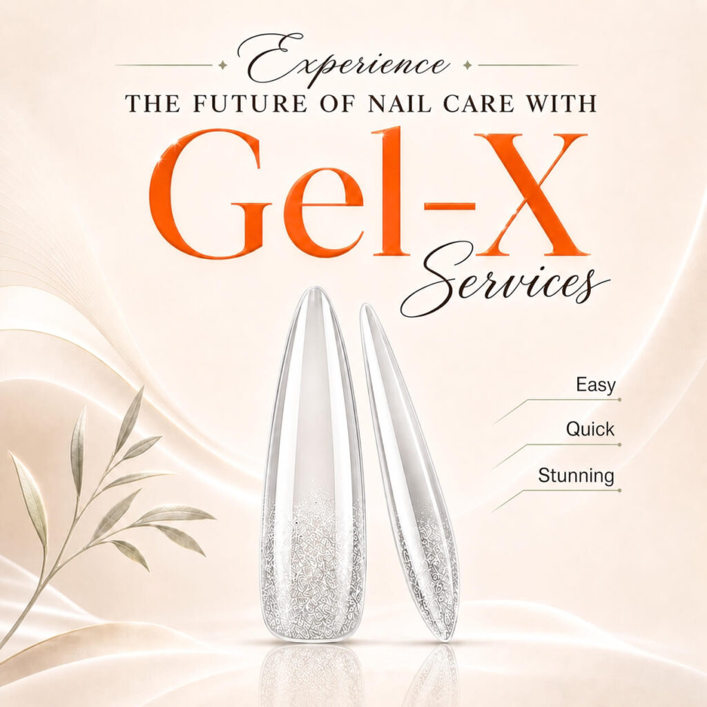 Two clear full-cover nail tips beneath promotional text for Gel-X services
