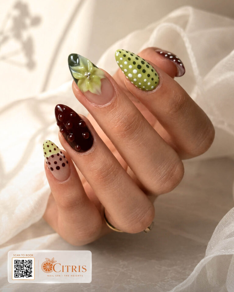 Green and espresso dipping powder nail art by Citris Nail Spa
