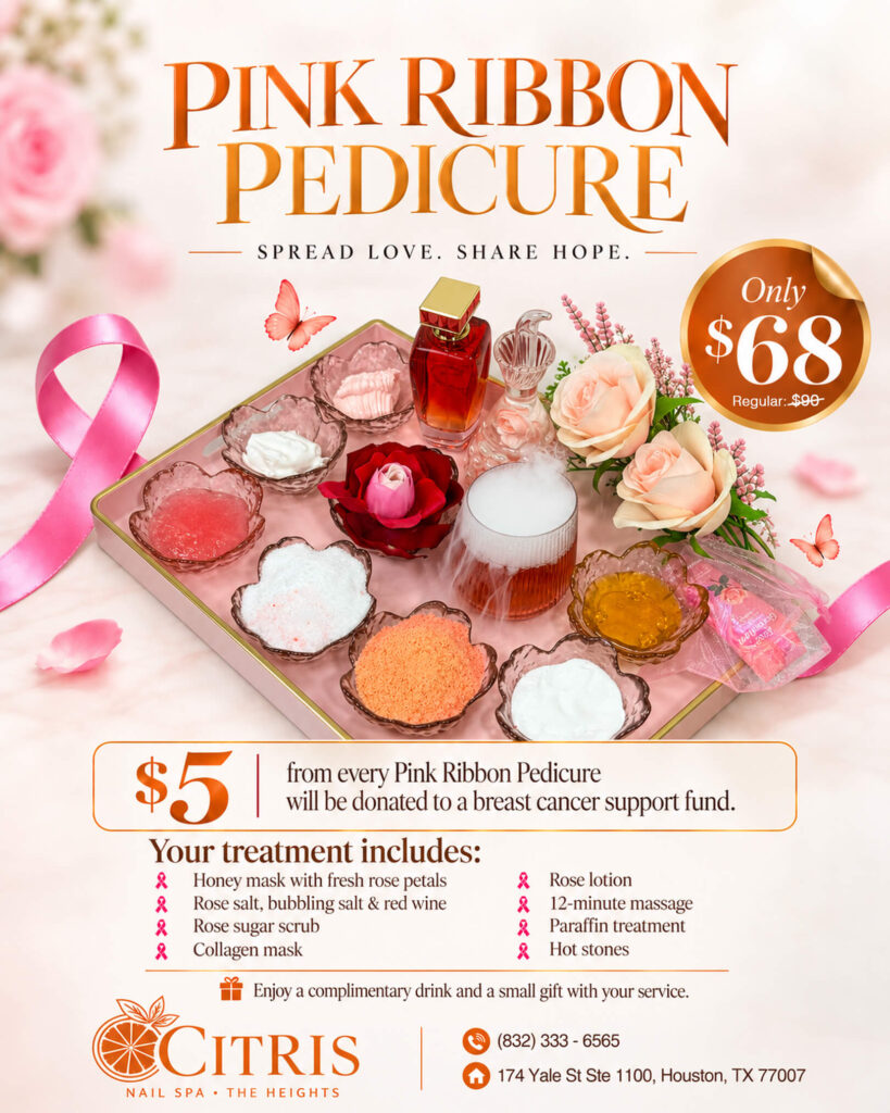 Pink Ribbon Pedicure promotion with rose spa ingredients and a pink ribbon.